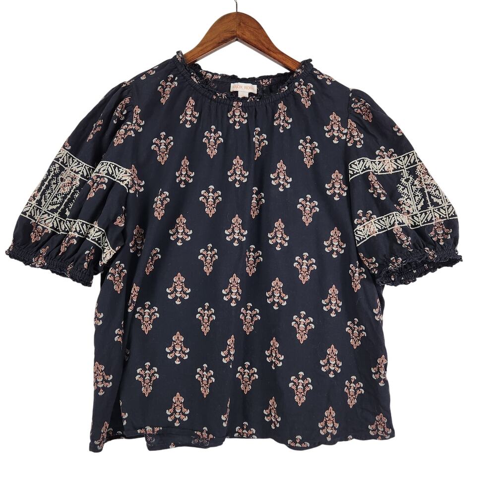 Knox Rose Blouse Women L Black Floral Embroidered Puff Sleeve Peasant Top EUC